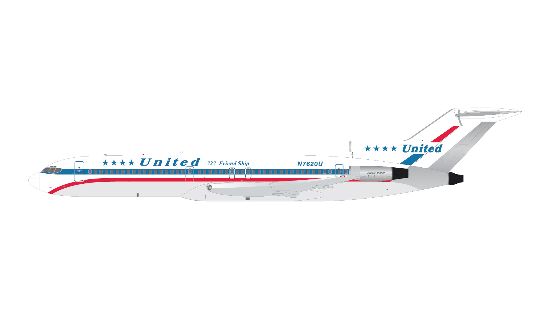 United Airlines (Star & Bars Friendship Livery) / Boeing 727-200 / N7620U / GJUAL2352 / 1:400 elaviadormodels