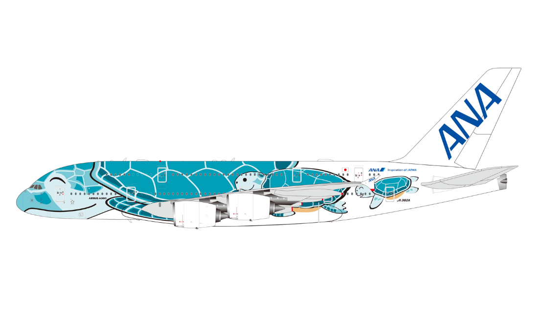 All Nippon Airways (Green Flying Honu) / Airbus A380 (Flaps Down) / JA382A / L2265FD / 1:200 (Copy) elaviadormodels