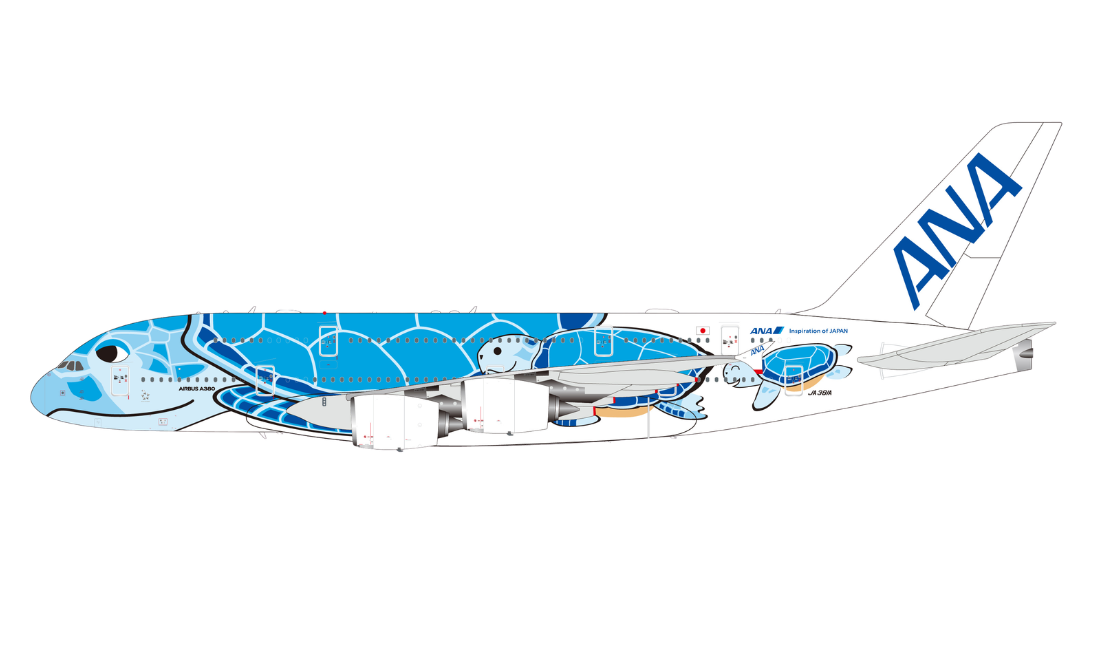 All Nippon Airways (Blue Flying Honu) / Airbus A380 (Flaps Down) / JA381A / L2266FD / 1:200 elaviadormodels