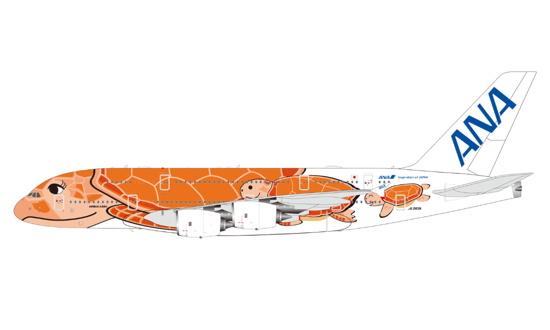 All Nippon Airways (Orange Flying Honu) / Airbus A380 (Flaps Down) / JA383A / L2267FD / 1:200 elaviadormodels